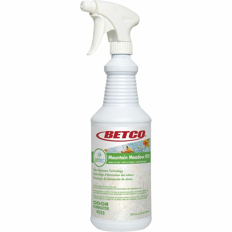 Betco RTU Malodor Eliminator Mountain Meadow - Ready-To-Use - 32 fl oz (1 quart) - Mountain Meadow Scent - 6 / Carton - Clear