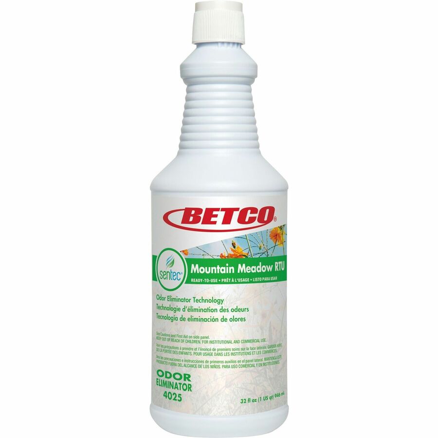 Betco RTU Malodor Eliminator Mountain Meadow - Ready-To-Use - 32 fl oz (1 quart) - Mountain Meadow Scent - 6 / Carton - Clear - 3