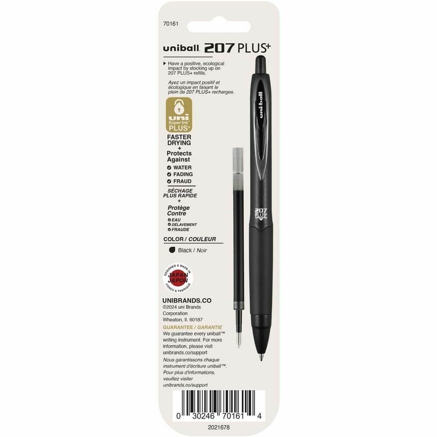 uniball 207 PLUS+ Gel Pen - 0.70 mm, Medium Point - Black Ink - Super Ink, Water Resistant, Fade Resistant, Fraud Resistant - 2 / Pack