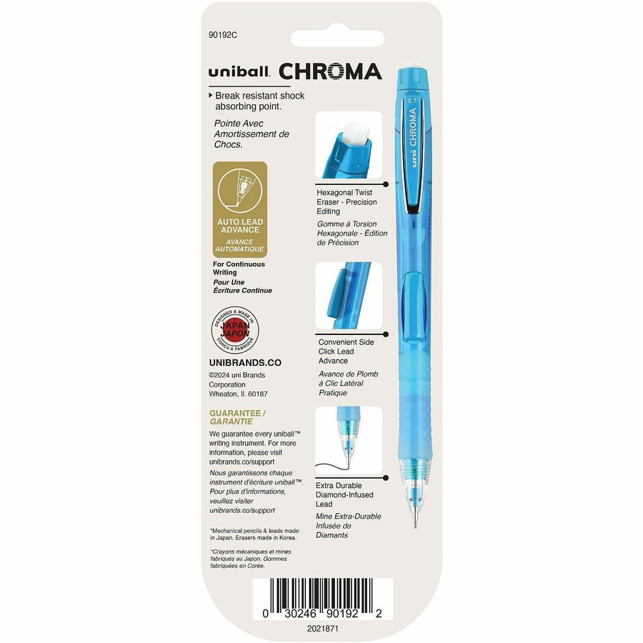 Chroma Mechanical Pencils with Tube of Lead/Erasers, 0.7 mm, HB (#2), Black Lead, Assorted Barrel Colors, 2/Pack