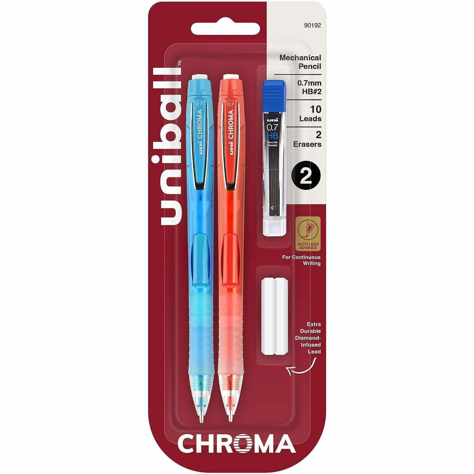 Chroma Mechanical Pencils with Tube of Lead/Erasers, 0.7 mm, HB (#2), Black Lead, Assorted Barrel Colors, 2/Pack