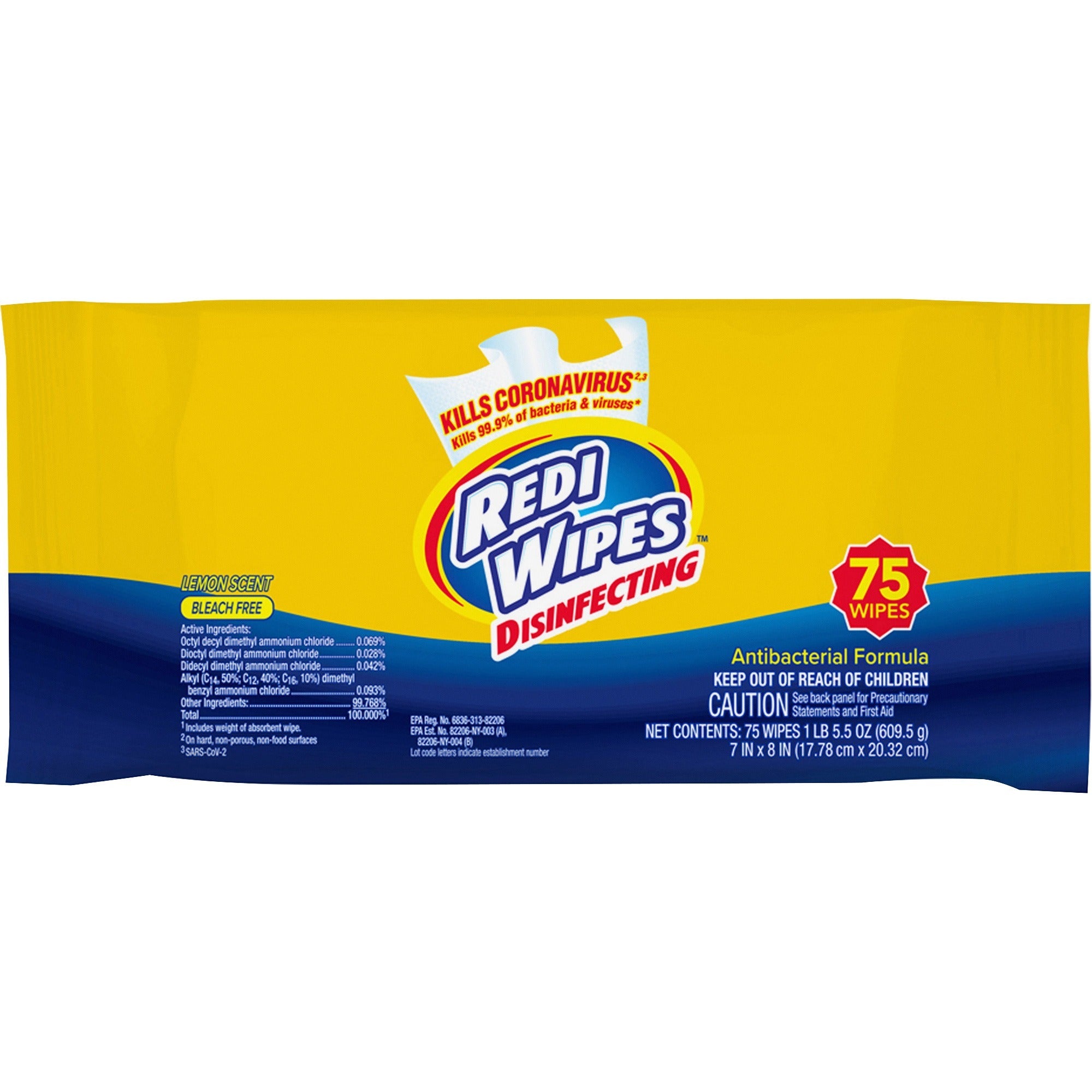 U.S. Nonwovens Disinfecting Redi Wipes - Lemon Scent - 8" Length x 7" Width - 75 / Pack - 12 / Carton - Antibacterial, Chlorine-free, Bleach-free, Ammonia-free - Yellow