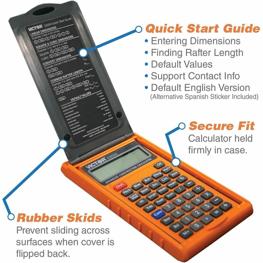Victor C6000 Advanced Construction Calculator - LCD Display, Battery Powered - 0.31" - LCD - Battery Powered - 2 - LR44 - 6.5" x 3.5" x 0.8" - Orange