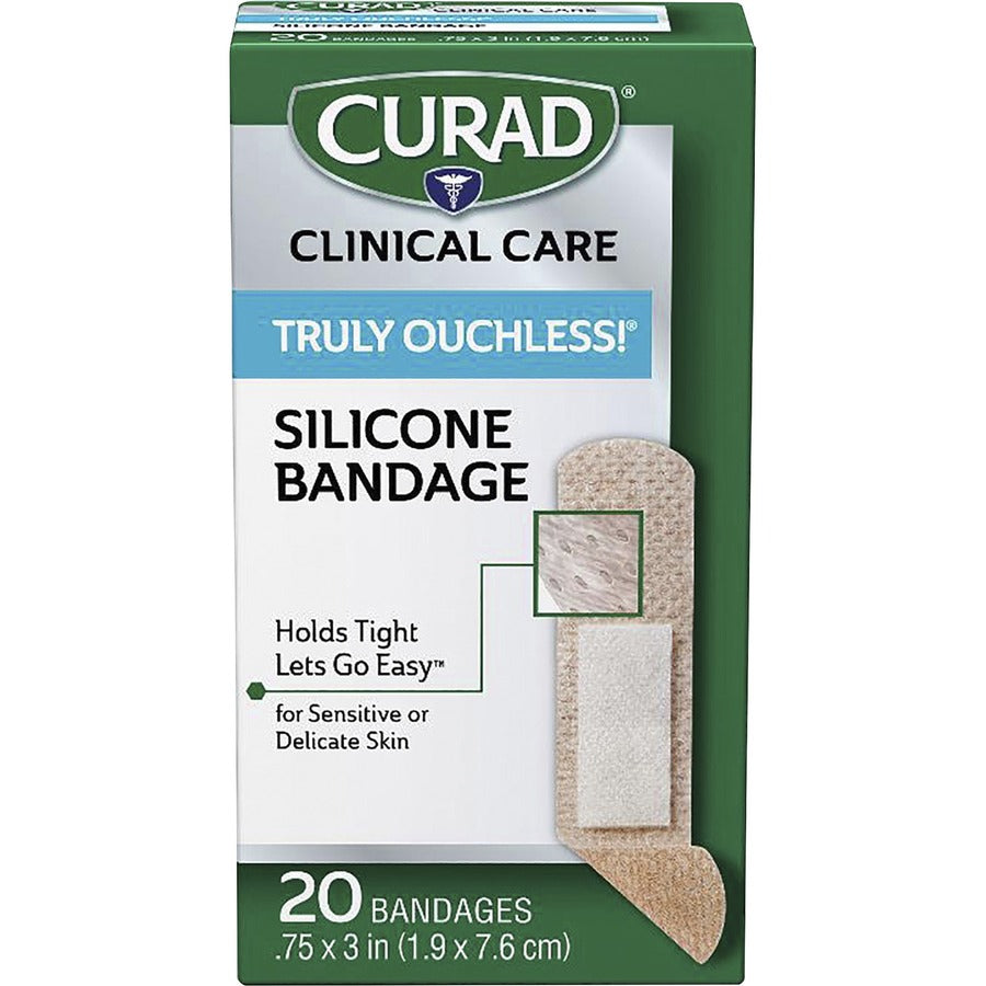 Curad Silicone Flexible Fabric Bandages - 3" x 0.75" - 20/Box - Beige - Silicone, Fabric