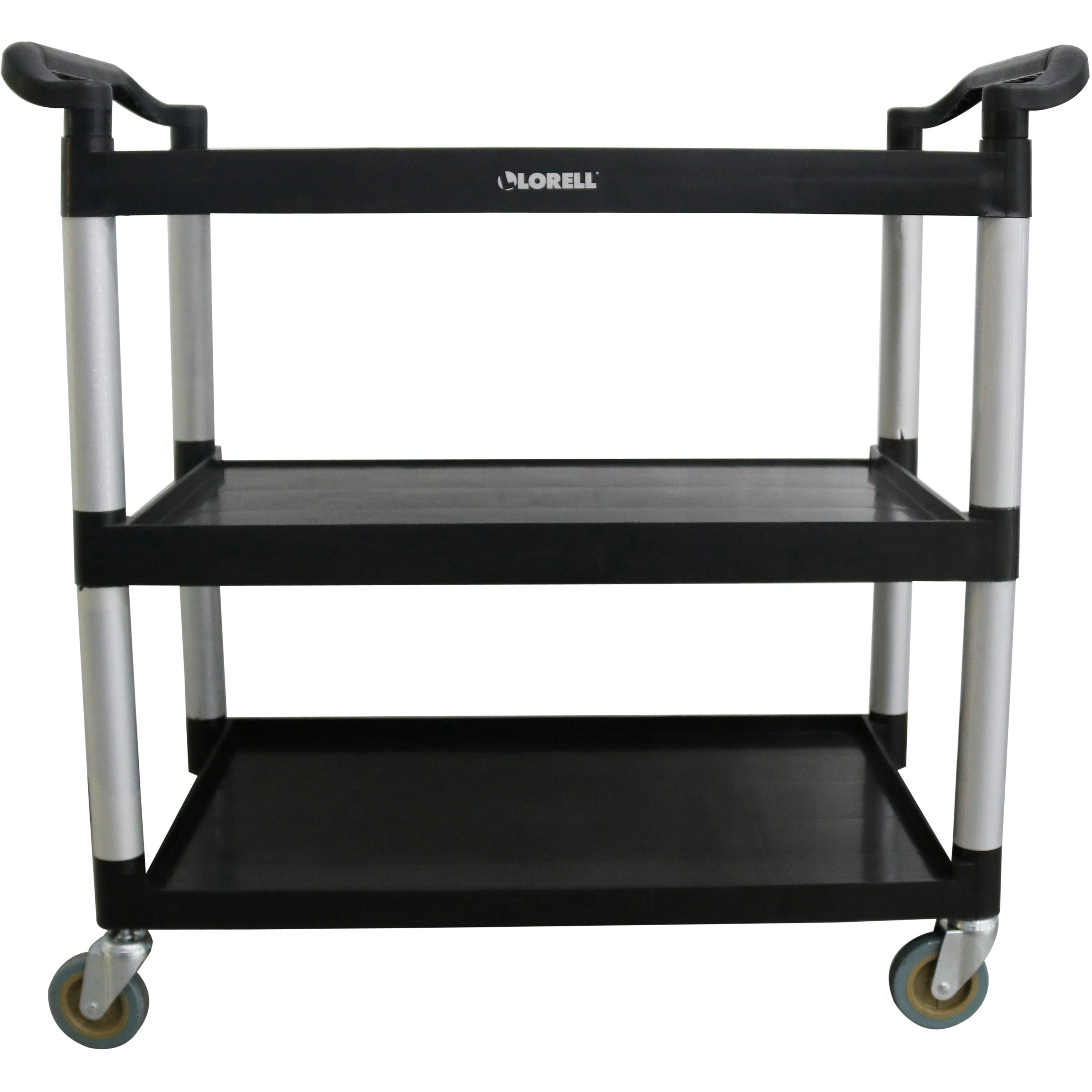 lorell-x-tra-utility-cart-3-shelf-dual-handle-300-lb-capacity-4-casters-4-caster-size-plastic-x-42-width-x-20-depth-x-38-height-black-1-each_llr03610 - 3