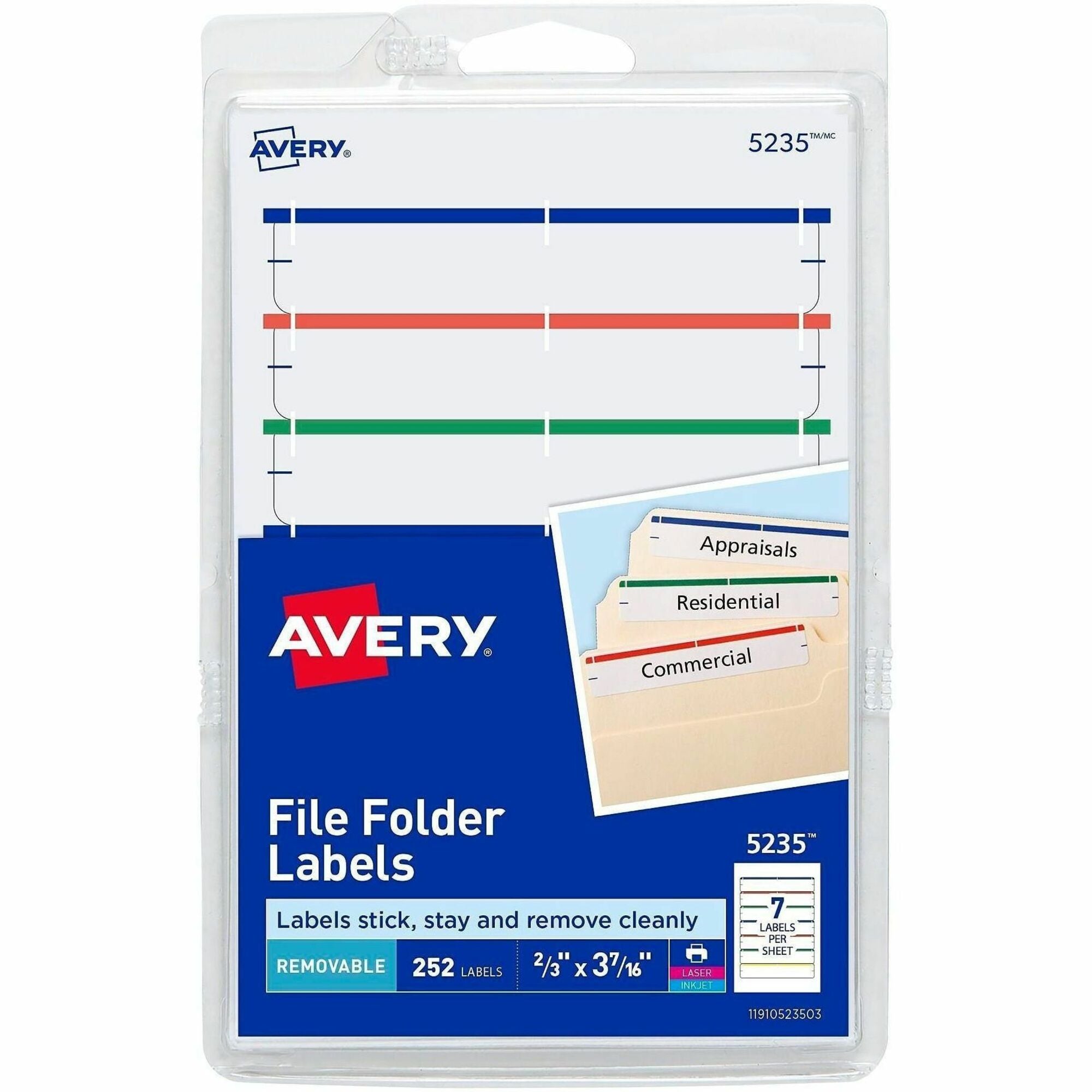 Avery Removable File Folder Labels - 2/3" Width x 3 7/16" Length - Removable Adhesive - Rectangle - Laser, Inkjet - Assorted, Dark Blue, Dark Red, Green, Yellow - Paper - 7 / Sheet - 648 Total Sheets - 4536 Total Label(s) - 18 / Carton
