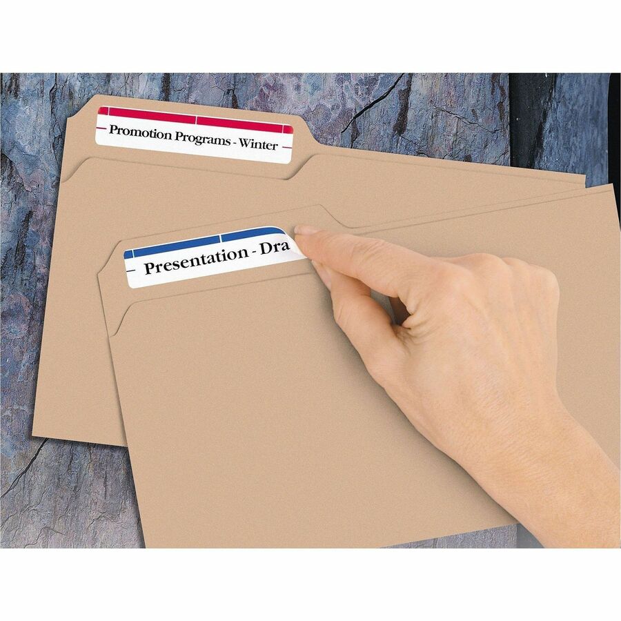 Avery Removable File Folder Labels - 2/3" Width x 3 7/16" Length - Removable Adhesive - Rectangle - Laser, Inkjet - Assorted, Dark Blue, Dark Red, Green, Yellow - Paper - 7 / Sheet - 648 Total Sheets - 4536 Total Label(s) - 18 / Carton