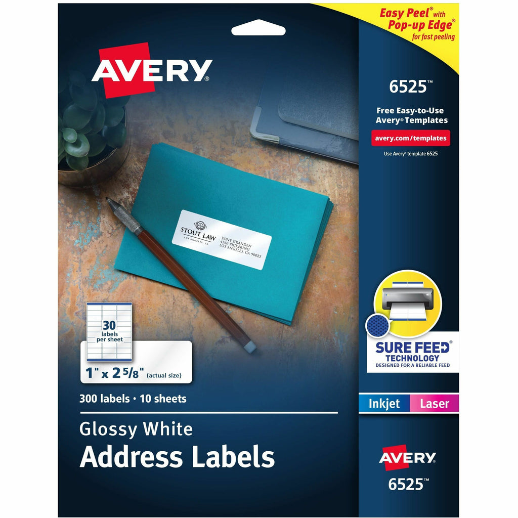Avery Easy Peel Glossy Address Labels - 1" Width x 2 5/8" Length - Permanent Adhesive - Rectangle - Laser - White - Paper - 30 / Sheet - 50 Total Sheets - 1500 Total Label(s) - 5 / Carton