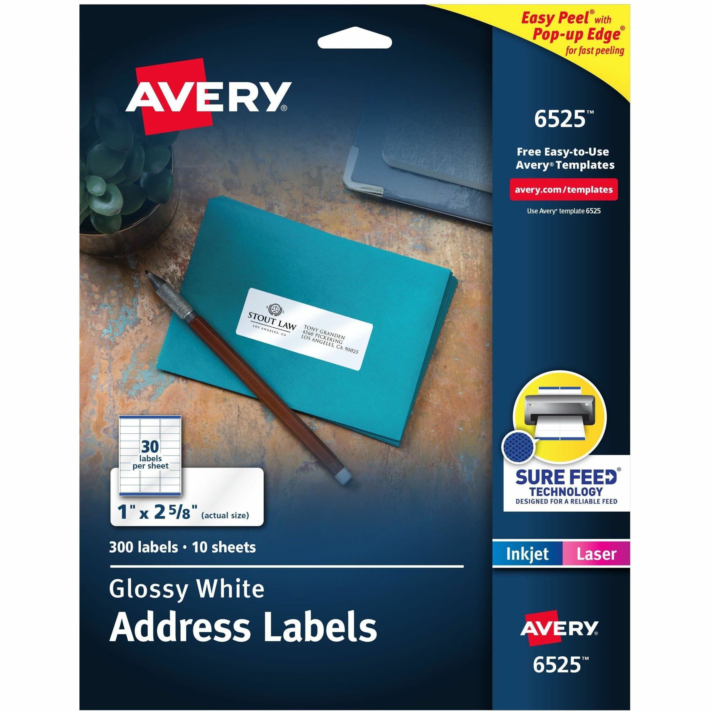 Avery Easy Peel Glossy Address Labels - 1" Width x 2 5/8" Length - Permanent Adhesive - Rectangle - Laser - White - Paper - 30 / Sheet - 50 Total Sheets - 1500 Total Label(s) - 5 / Carton