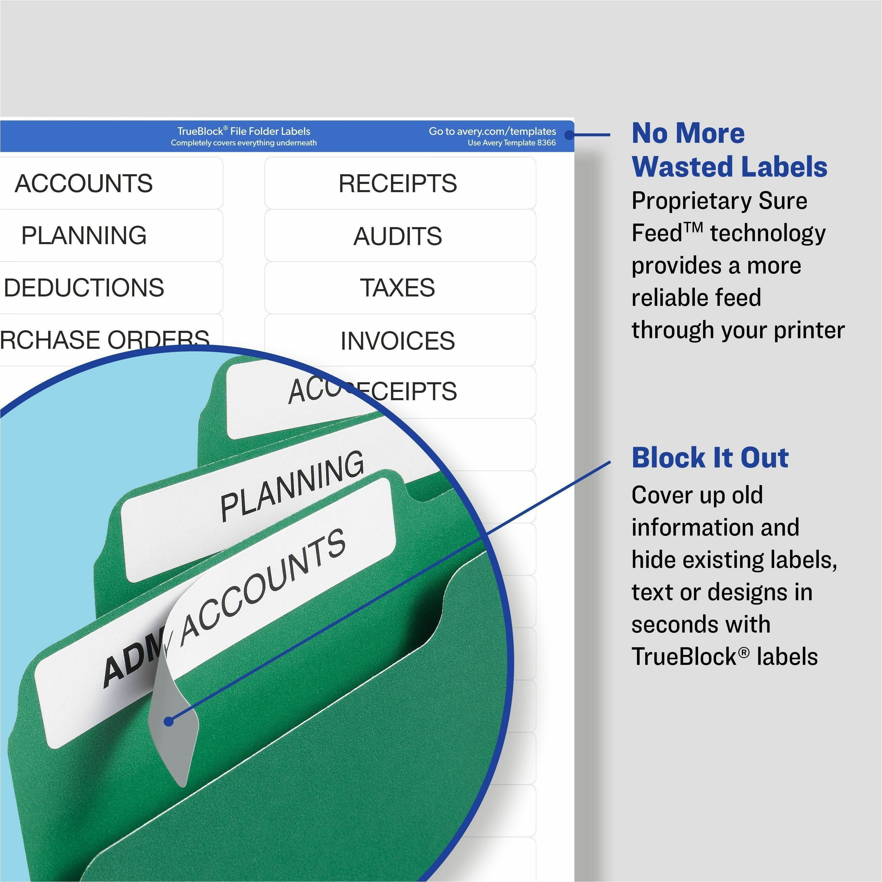 Avery TrueBlock File Folder Labels - 2/3" Width x 3 7/16" Length - Permanent Adhesive - Rectangle - Laser, Inkjet - White - Paper - 30 / Sheet - 20 Total Sheets - 600 Total Label(s) - 4 / Carton - 3