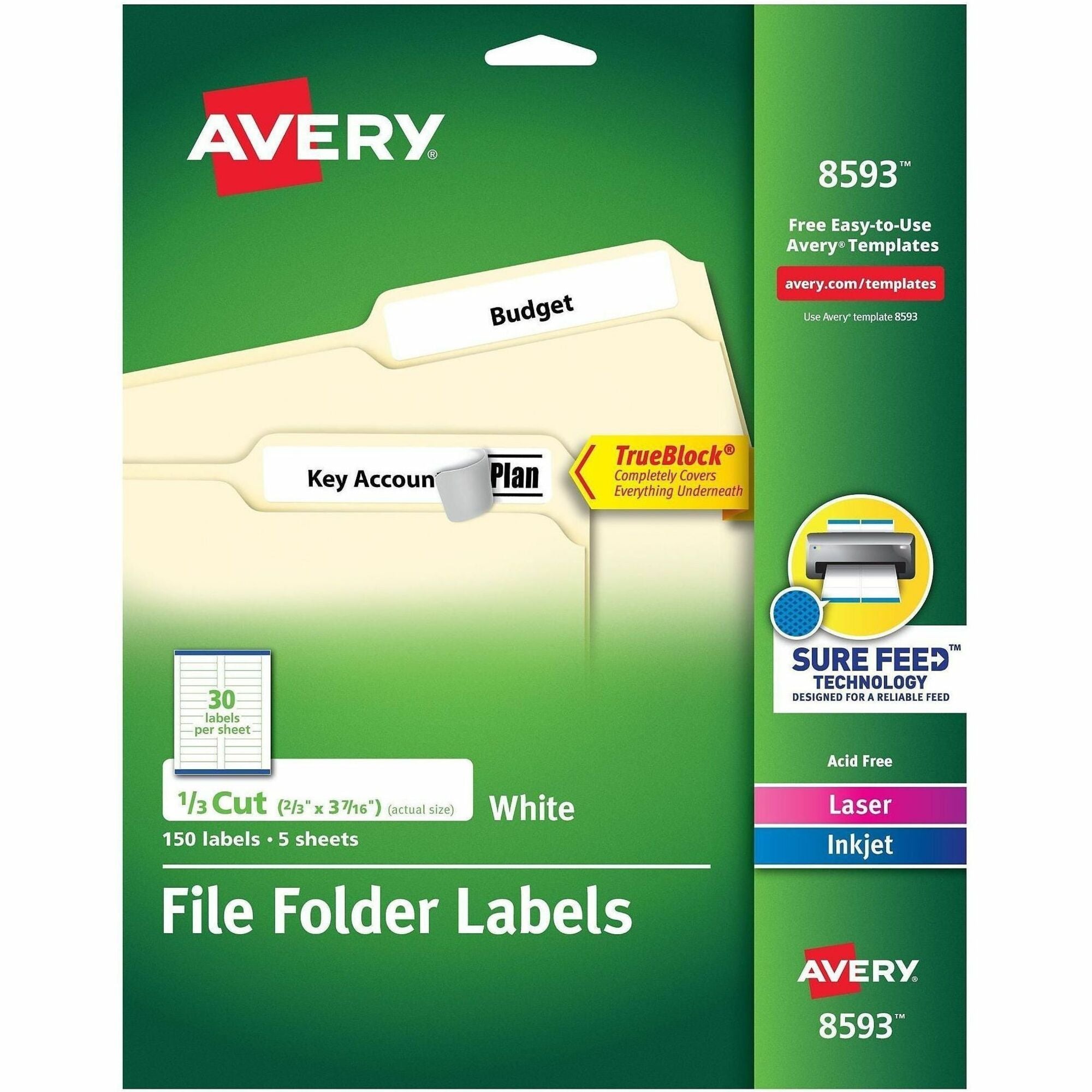 Avery TrueBlock File Folder Labels - 2/3" Width x 3 7/16" Length - Permanent Adhesive - Rectangle - Laser, Inkjet - White - Paper - 30 / Sheet - 20 Total Sheets - 600 Total Label(s) - 4 / Carton