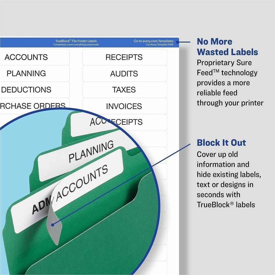 Avery TrueBlock File Folder Labels - 2/3" Width x 3 7/16" Length - Permanent Adhesive - Rectangle - Laser, Inkjet - White - Paper - 30 / Sheet - 20 Total Sheets - 600 Total Label(s) - 4 / Carton