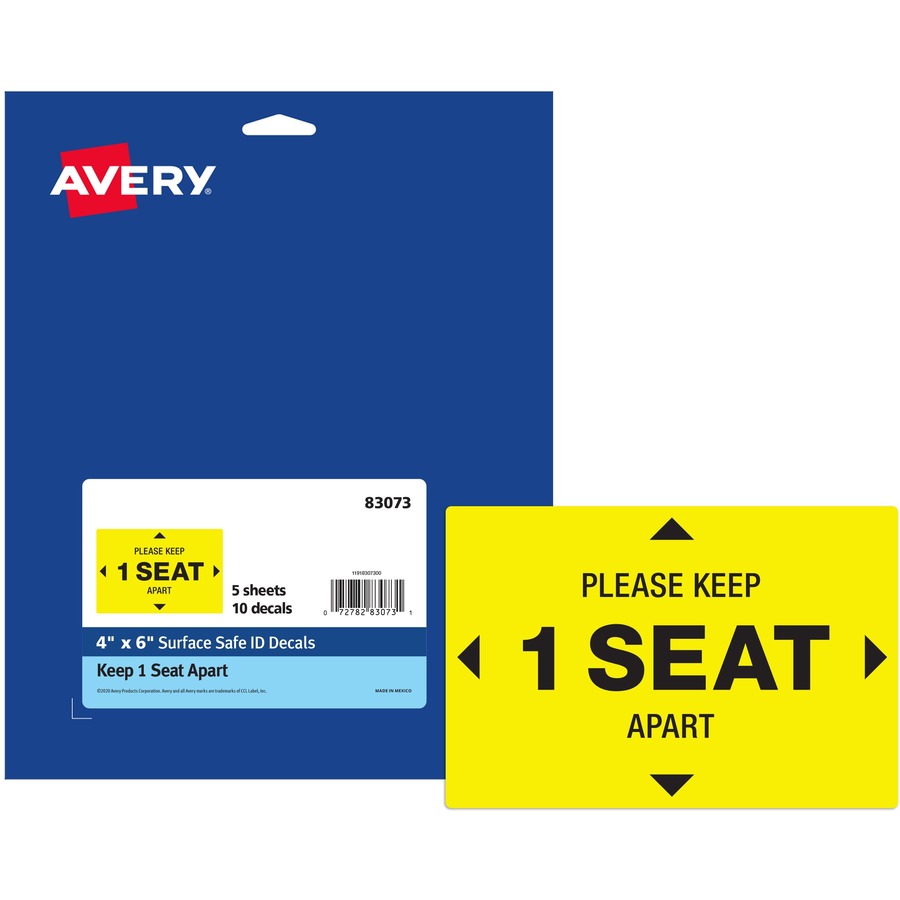 Avery Surface Safe PLEASE KEEP 1 SEAT APART Decals - 10 / Pack - Please Keep 1 Seat Apart Print/Message - 4" Width x 6" Height - Rectangular Shape - Water Resistant, Pre-printed, Chemical Resistant, Abrasion Resistant, Tear Resistant, Durable, U