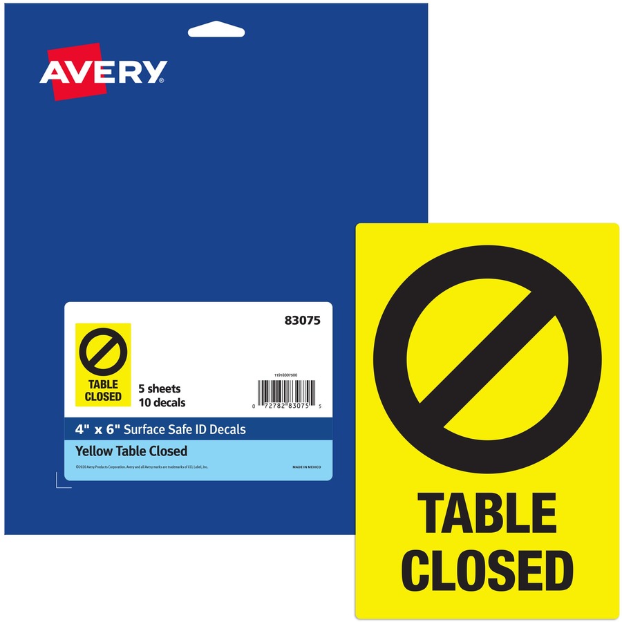 Avery Surface Safe TABLE CLOSED Preprinted Decals - 10 / Pack - Table Closed Print/Message - 4" Width x 6" Height - Rectangular Shape - Water Resistant, Pre-printed, Chemical Resistant, Abrasion Resistant, Tear Resistant, Durable, UV Resistant, - 7