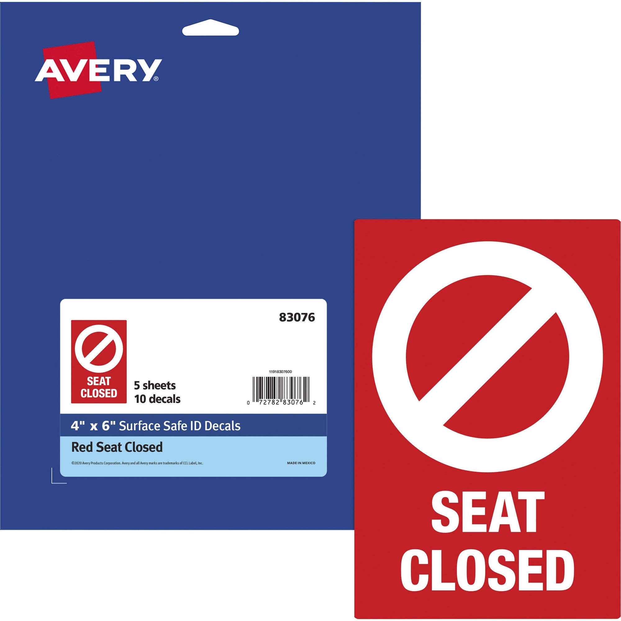 Avery Surface Safe SEAT CLOSED Chair Decals - 10 / Pack - Seat Closed Print/Message - 4" Width x 6" Height - Rectangular Shape - Water Resistant, Pre-printed, Chemical Resistant, Abrasion Resistant, Tear Resistant, Durable, UV Resistant, Residue