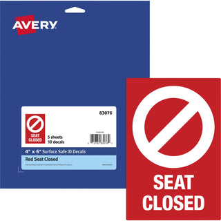 Avery Surface Safe SEAT CLOSED Chair Decals - 10 / Pack - Seat Closed Print/Message - 4" Width x 6" Height - Rectangular Shape - Water Resistant, Pre-printed, Chemical Resistant, Abrasion Resistant, Tear Resistant, Durable, UV Resistant, Residue