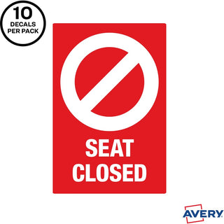 Avery Surface Safe SEAT CLOSED Chair Decals - 10 / Pack - Seat Closed Print/Message - 4" Width x 6" Height - Rectangular Shape - Water Resistant, Pre-printed, Chemical Resistant, Abrasion Resistant, Tear Resistant, Durable, UV Resistant, Residue