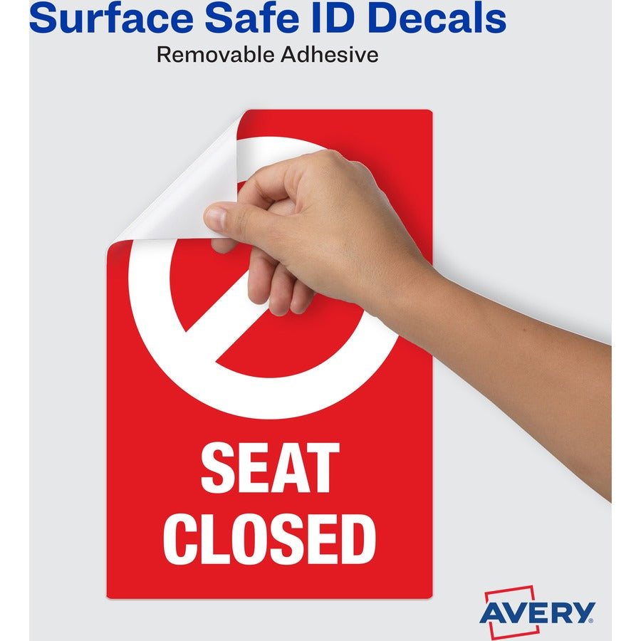 Avery Surface Safe SEAT CLOSED Chair Decals - 10 / Pack - Seat Closed Print/Message - 4" Width x 6" Height - Rectangular Shape - Water Resistant, Pre-printed, Chemical Resistant, Abrasion Resistant, Tear Resistant, Durable, UV Resistant, Residue