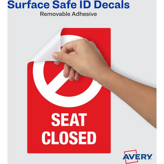 Avery Surface Safe SEAT CLOSED Chair Decals - 10 / Pack - Seat Closed Print/Message - 4" Width x 6" Height - Rectangular Shape - Water Resistant, Pre-printed, Chemical Resistant, Abrasion Resistant, Tear Resistant, Durable, UV Resistant, Residue