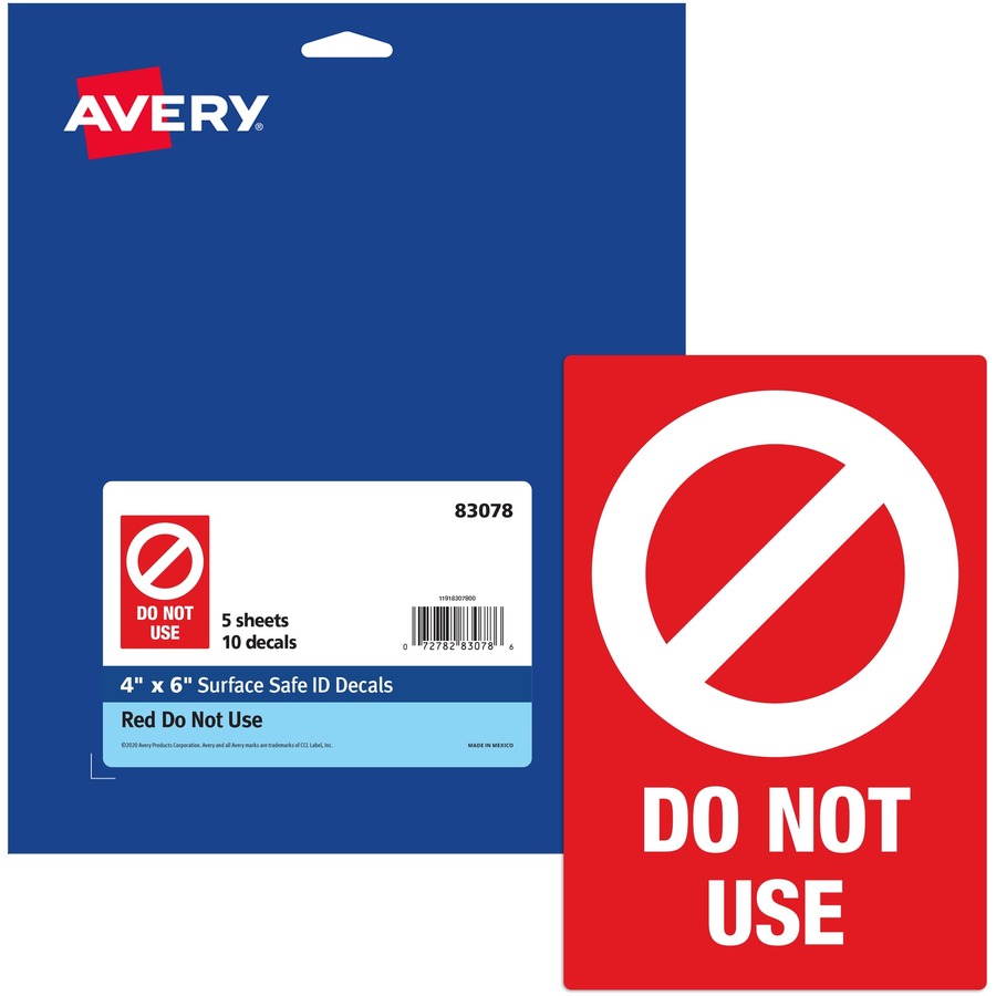 Avery Surface Safe DO NOT USE Table & Chair Decals - 10 / Pack - Do Not Use Print/Message - 4" Width x 6" Height - Rectangular Shape - Water Resistant, Pre-printed, Chemical Resistant, Abrasion Resistant, Tear Resistant, Durable, UV Resistant, R
