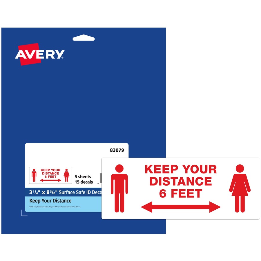 Avery Surface Safe KEEP YOUR DISTANCE Decals - 15 / Pack - Keep Your Distance Print/Message - Rectangular Shape - Water Resistant, Pre-printed, Chemical Resistant, Abrasion Resistant, Tear Resistant, Durable, UV Resistant, Residue-free, Easy Pee