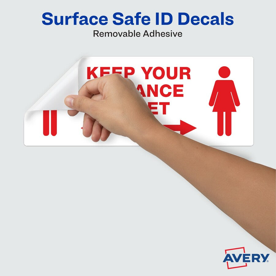 Avery Surface Safe KEEP YOUR DISTANCE Decals - 15 / Pack - Keep Your Distance Print/Message - Rectangular Shape - Water Resistant, Pre-printed, Chemical Resistant, Abrasion Resistant, Tear Resistant, Durable, UV Resistant, Residue-free, Easy Pee