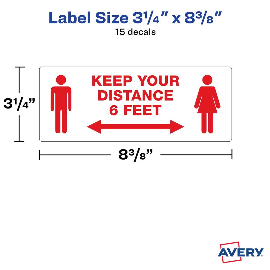 Avery Surface Safe KEEP YOUR DISTANCE Decals - 15 / Pack - Keep Your Distance Print/Message - Rectangular Shape - Water Resistant, Pre-printed, Chemical Resistant, Abrasion Resistant, Tear Resistant, Durable, UV Resistant, Residue-free, Easy Pee