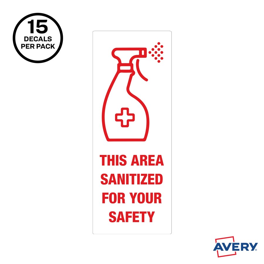 Avery Surface Safe THIS AREA SANITIZED Decals - 15 / Pack - This Area Sanitized Print/Message - Rectangular Shape - Water Resistant, Pre-printed, Chemical Resistant, Abrasion Resistant, Tear Resistant, Durable, UV Resistant, Residue-free, Easy P