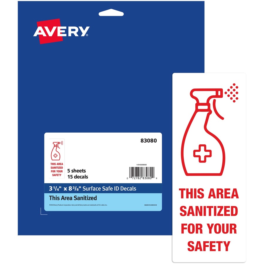 Avery Surface Safe THIS AREA SANITIZED Decals - 15 / Pack - This Area Sanitized Print/Message - Rectangular Shape - Water Resistant, Pre-printed, Chemical Resistant, Abrasion Resistant, Tear Resistant, Durable, UV Resistant, Residue-free, Easy P