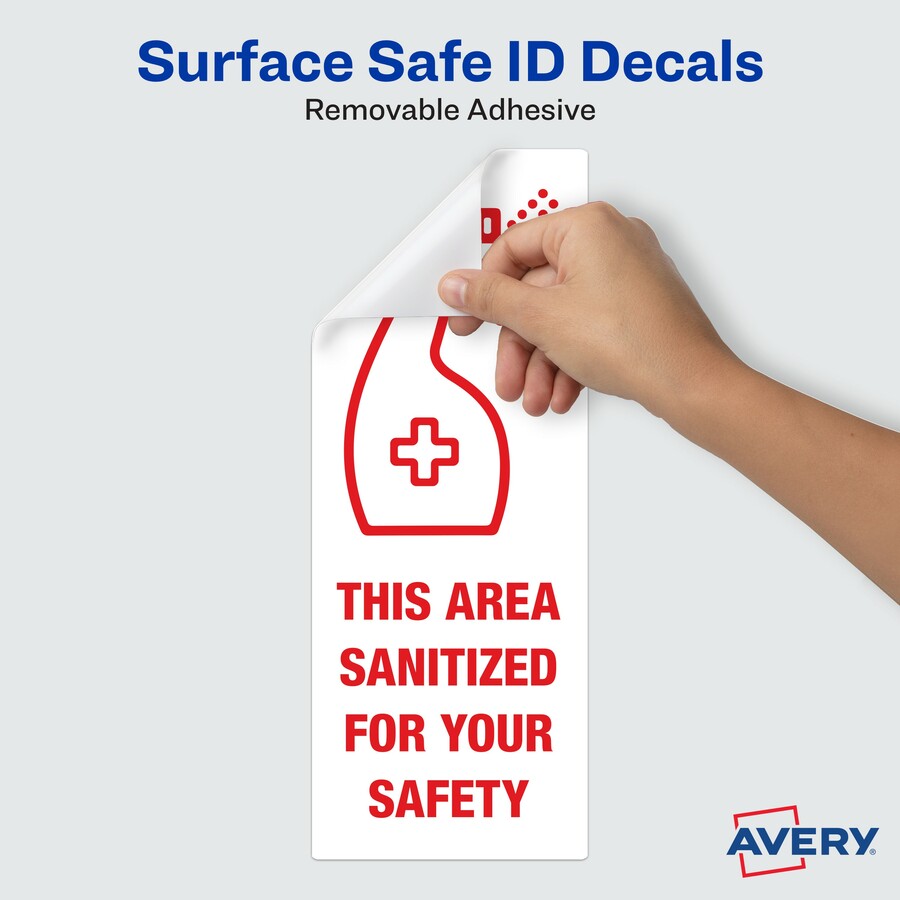 Avery Surface Safe THIS AREA SANITIZED Decals - 15 / Pack - This Area Sanitized Print/Message - Rectangular Shape - Water Resistant, Pre-printed, Chemical Resistant, Abrasion Resistant, Tear Resistant, Durable, UV Resistant, Residue-free, Easy P