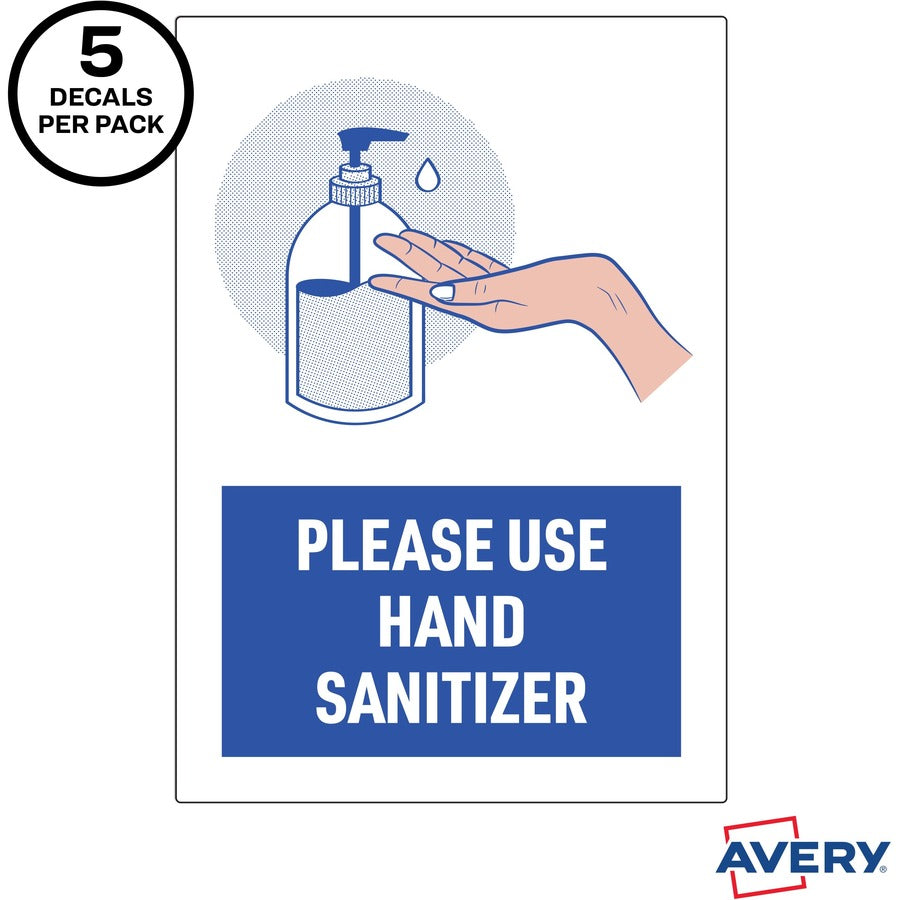 avery-surface-safe-use-hand-sanitizer-wall-decals-5-pack-please-use-hand-sanitizer-print-message-7-width-x-10-height-rectangular-shape-water-resistant-pre-printed-chemical-resistant-abrasion-resistant-tear-resistant-durable-u_ave83179 - 7