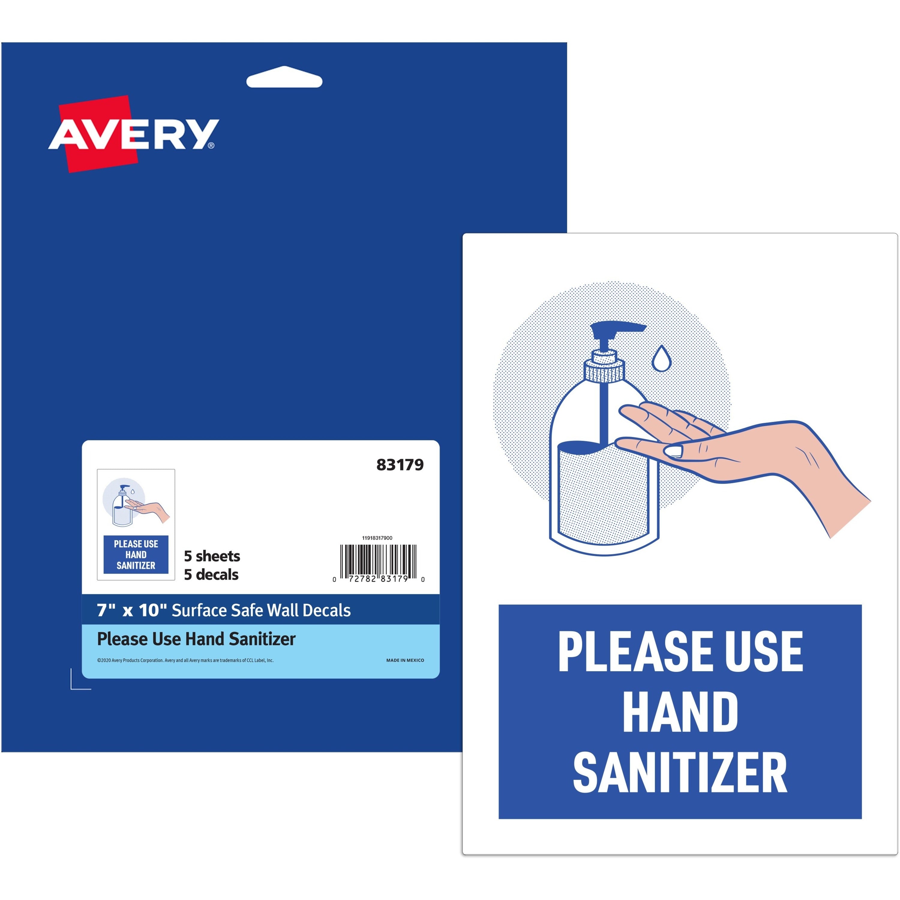avery-surface-safe-use-hand-sanitizer-wall-decals-5-pack-please-use-hand-sanitizer-print-message-7-width-x-10-height-rectangular-shape-water-resistant-pre-printed-chemical-resistant-abrasion-resistant-tear-resistant-durable-u_ave83179 - 1