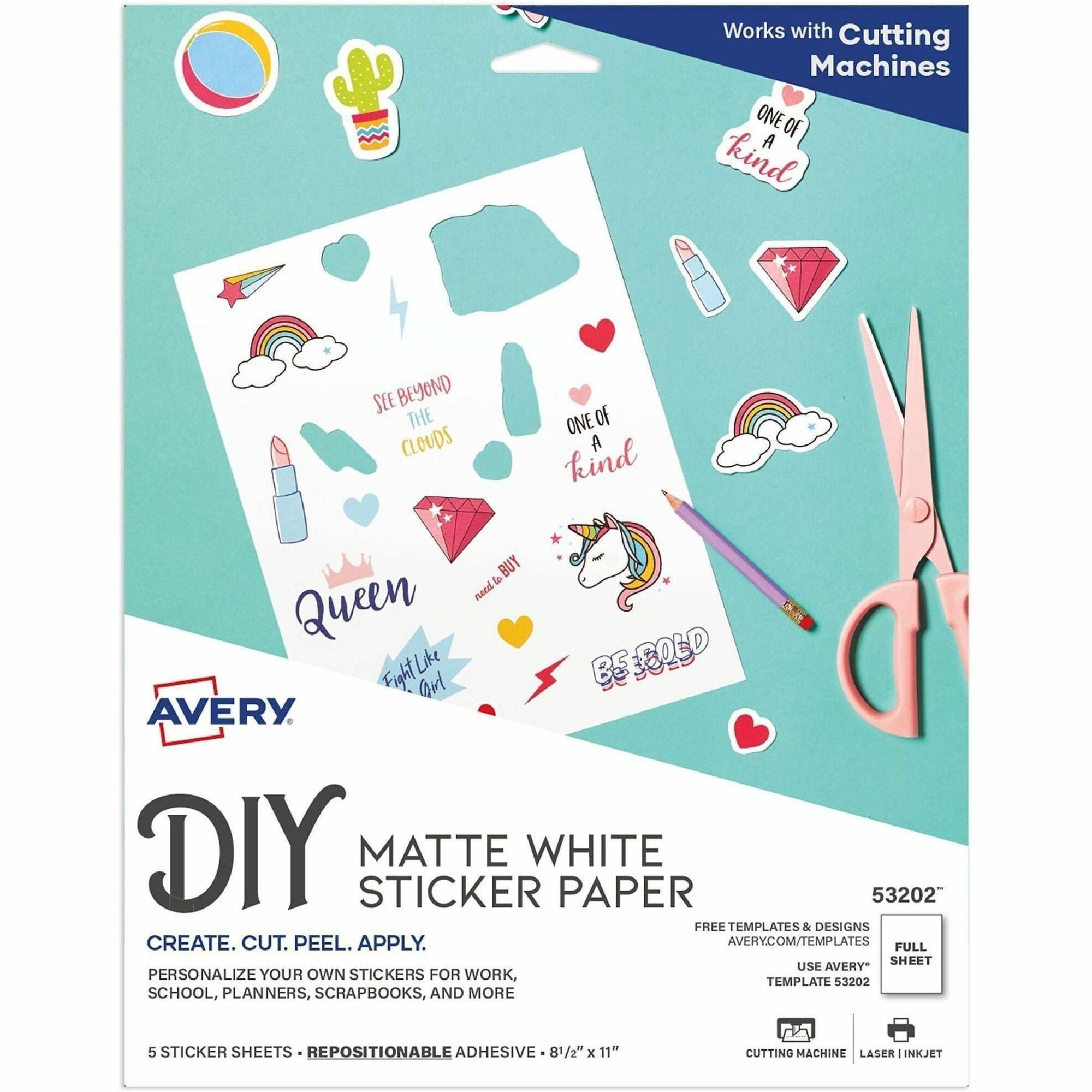 Avery Matte White Sticker Project Paper - Letter - 8 1/2" x 11" - 30 / Carton - Printable, Removable Adhesive, Die-cut, Repositionable, Lignin-free - Matte White