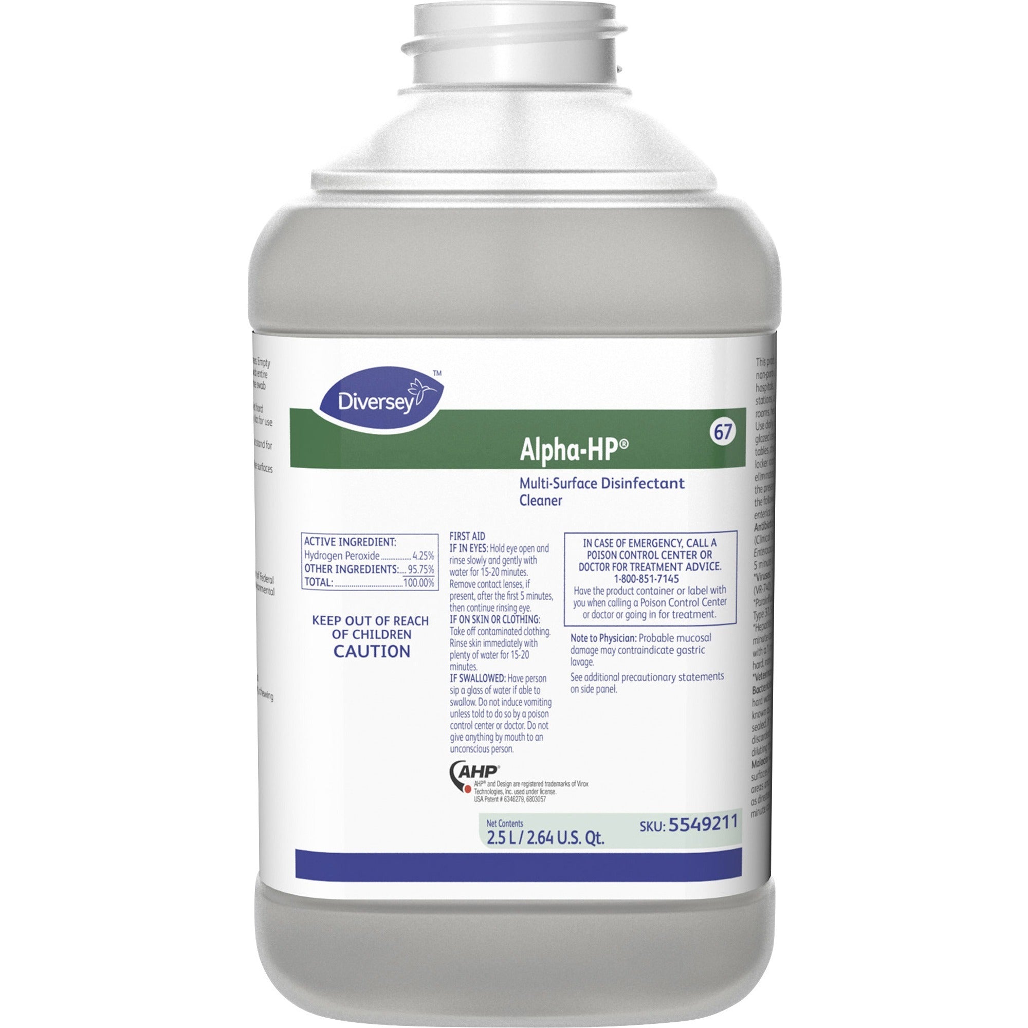 Diversey Alpha-HP Multi Disinfectant Cleaner - 84.5 fl oz (2.6 quart) - Citrus Scent - 2 / Carton - Clear