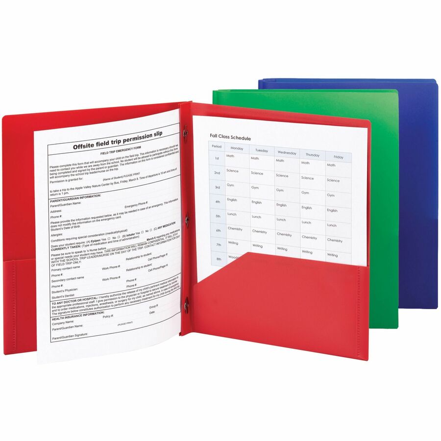 Smead Letter Fastener Folder - 8 1/2" x 11" - 180 Sheet Capacity - 2 x Double Tang Fastener(s) - 2 Inside Back Pocket(s) - Red, Green, Blue - 72 / Carton