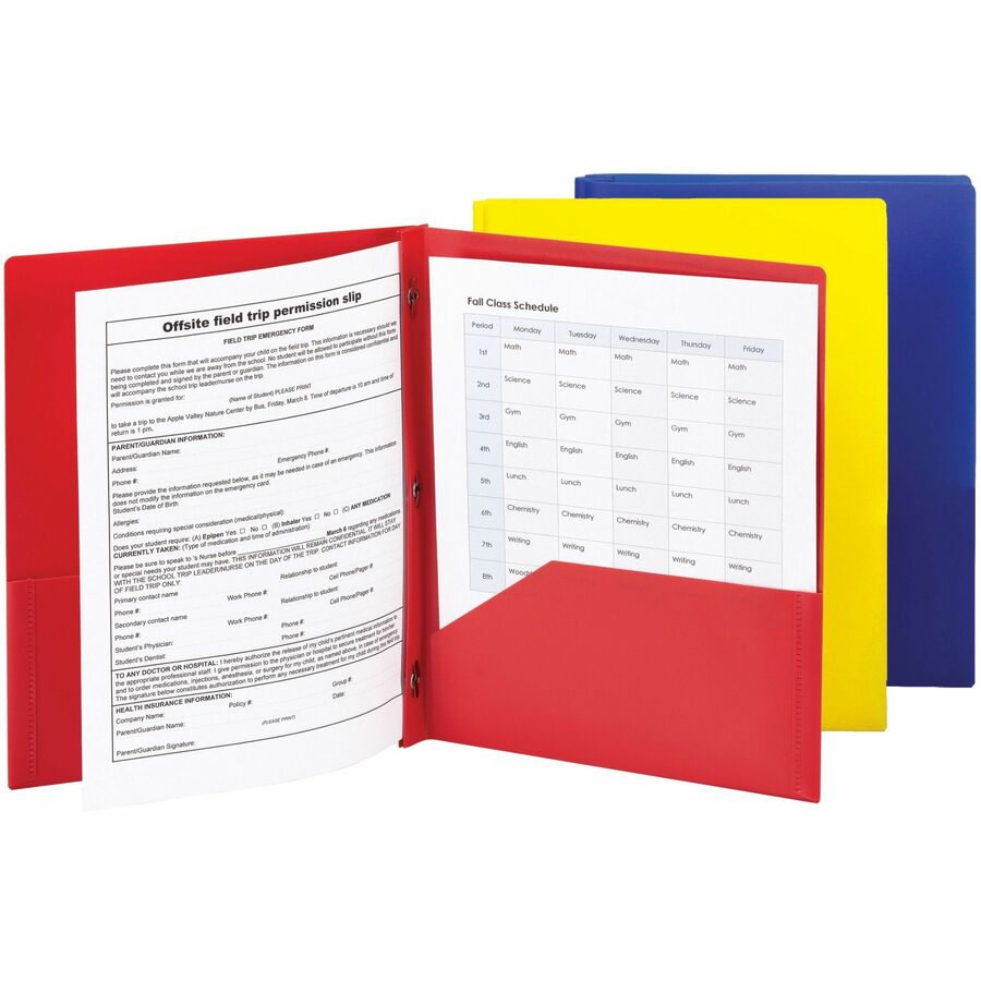 Smead Letter Fastener Folder - 8 1/2" x 11" - 180 Sheet Capacity - 2 x Double Tang Fastener(s) - 2 Inside Back Pocket(s) - Red, Yellow, Blue - 72 / Carton