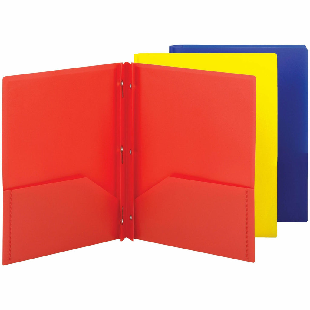 Smead Letter Fastener Folder - 8 1/2" x 11" - 180 Sheet Capacity - 2 x Double Tang Fastener(s) - 2 Inside Back Pocket(s) - Red, Yellow, Blue - 72 / Carton
