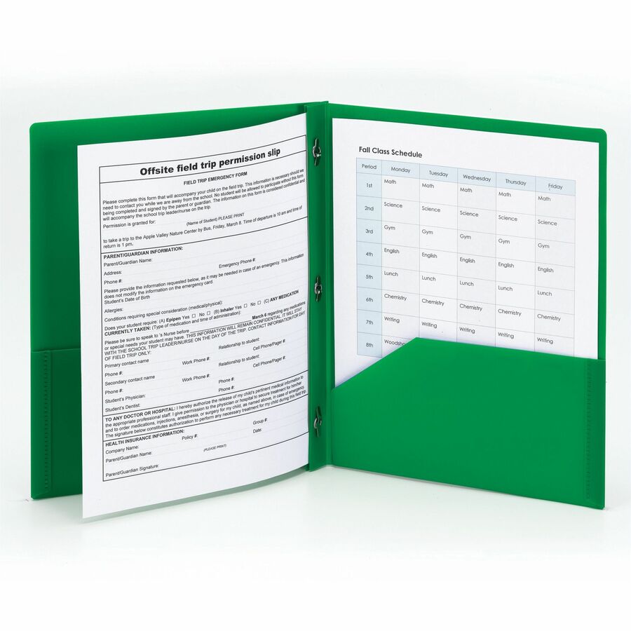 Smead Letter Fastener Folder - 8 1/2" x 11" - 180 Sheet Capacity - 2 x Double Tang Fastener(s) - 2 Inside Back Pocket(s) - Green - 72 / Carton