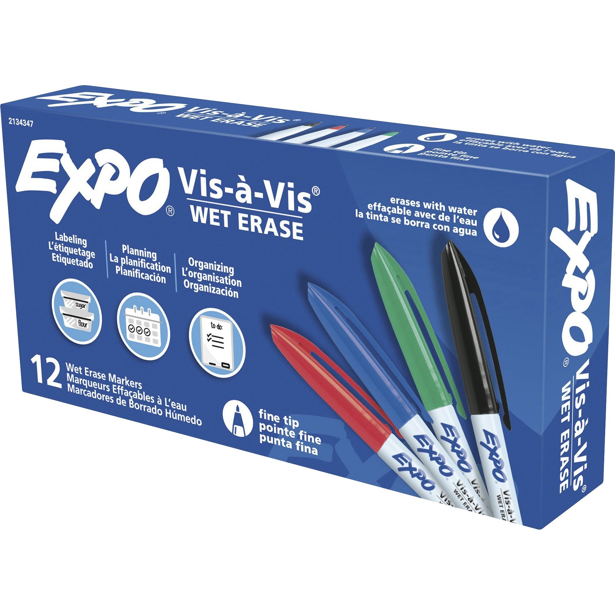 Vis-a-Vis Wet Erase Marker, Fine Bullet Tip, Assorted, Dozen