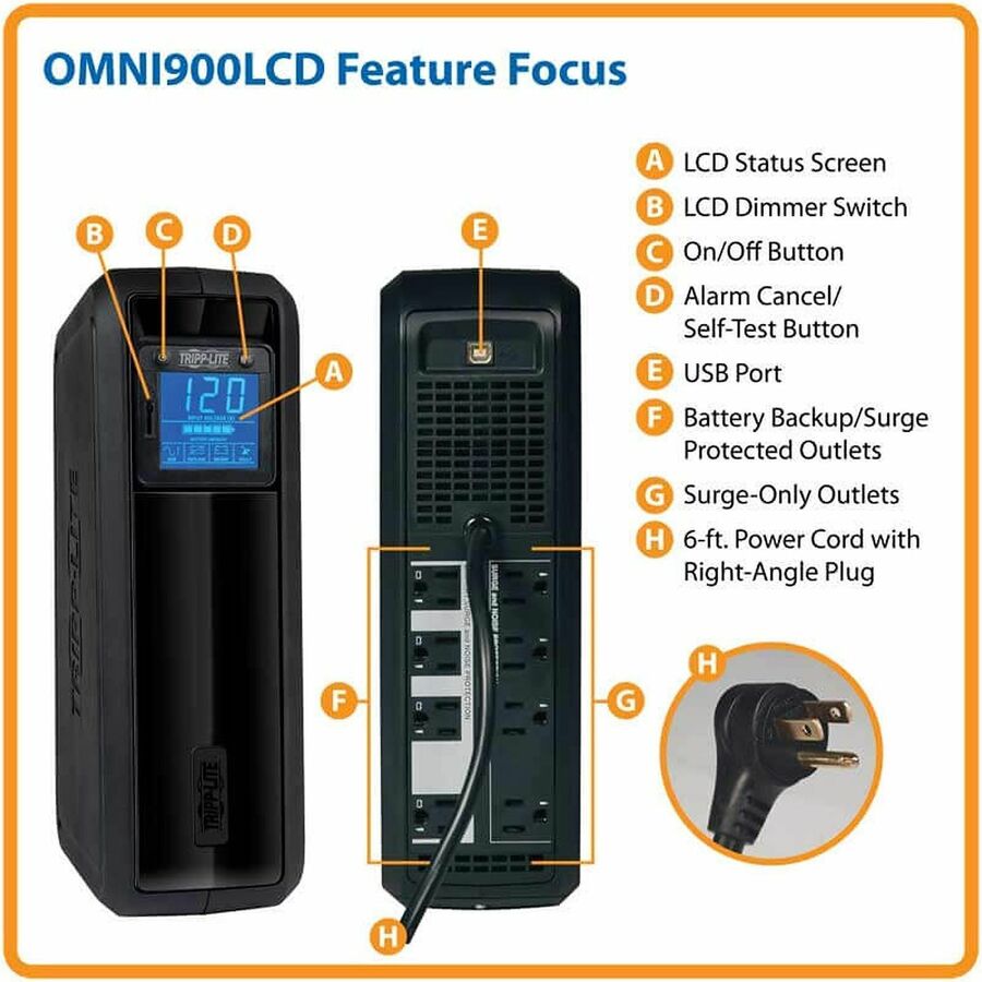 OmniSmart LCD Line-Interactive UPS Tower, 8 Outlets, 900 VA, 870 J