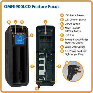 OmniSmart LCD Line-Interactive UPS Tower, 8 Outlets, 900 VA, 870 J