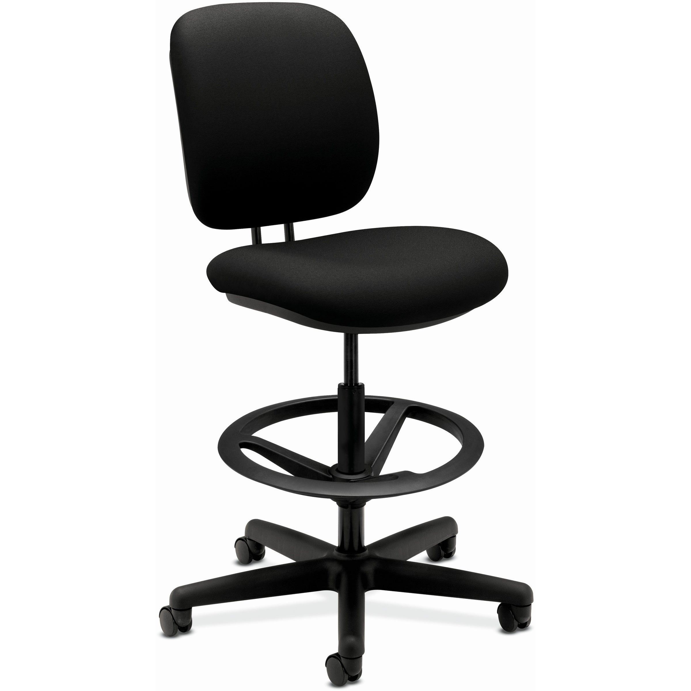 HON ComforTask Stool | Extended Height, Footring | Black Fabric - Black Polyester, Polymer Seat - Black Polyester, Polymer Back - Black Frame - 5-star Base - 1 Each - 