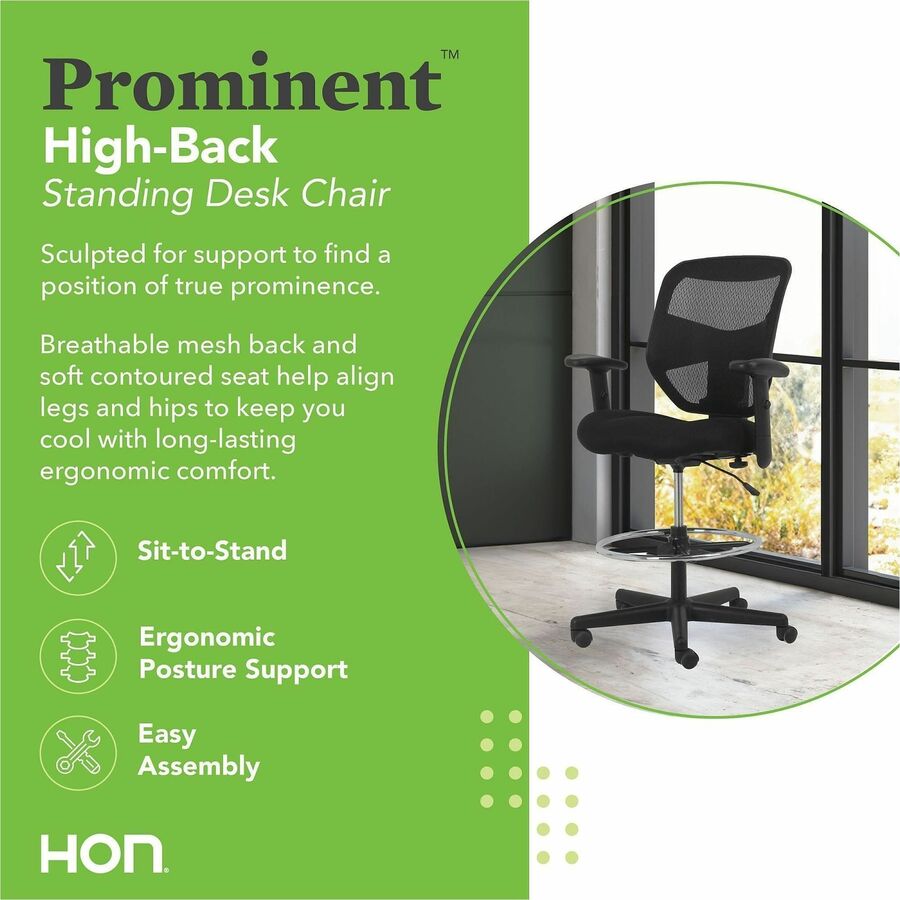 Prominent High-Back Task Stool, Supports Up to 250 lb, 21" to 28.1" Seat Height, Black