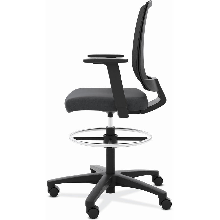 HON Torch Mesh Mid-Back Task Stool - Black Foam, Plush, Polyester Seat - Black Mesh Back - Black Frame - Mid Back - 5-star Base - Armrest - 1 Each
