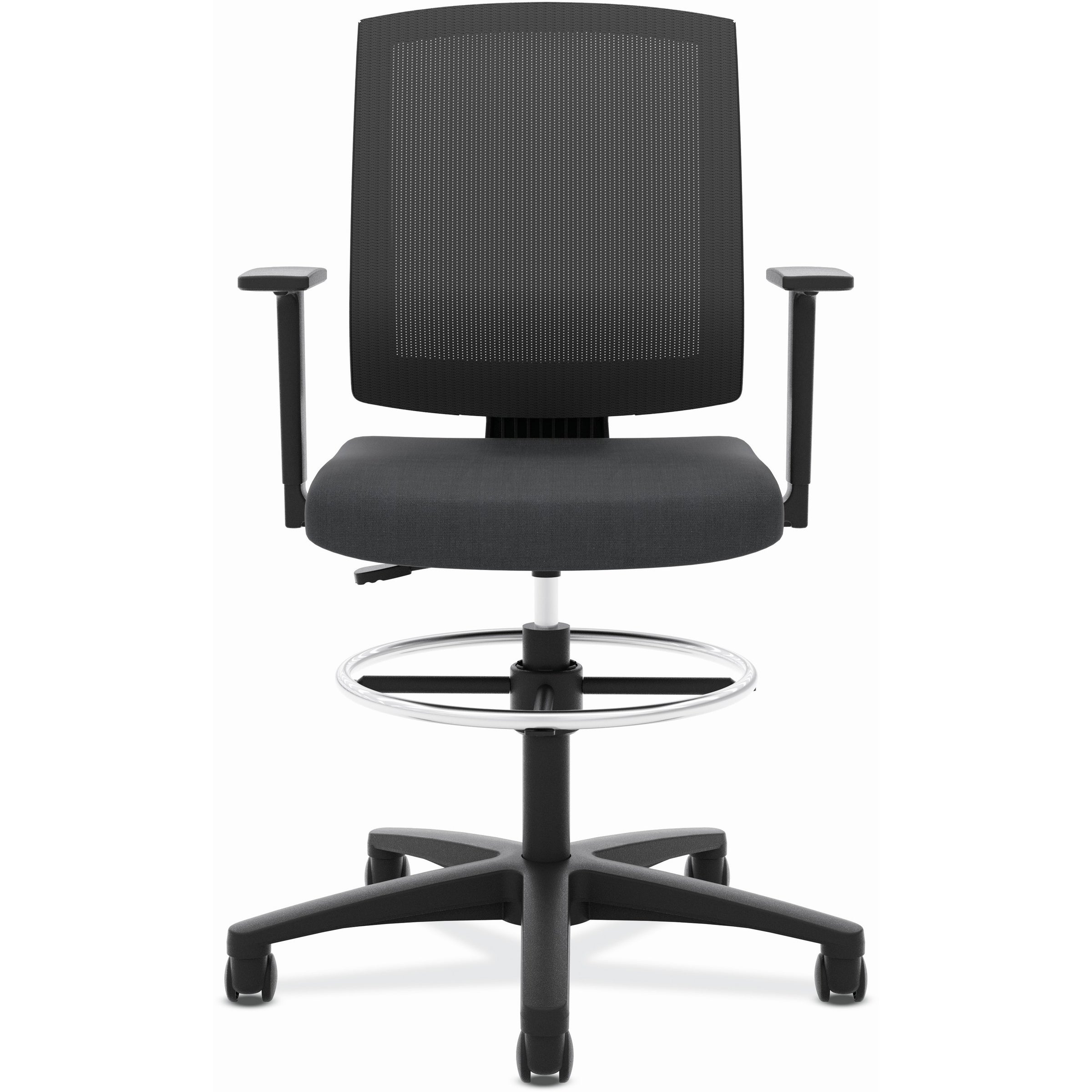 HON Torch Mesh Mid-Back Task Stool - Black Foam, Plush, Polyester Seat - Black Mesh Back - Black Frame - Mid Back - 5-star Base - Armrest - 1 Each