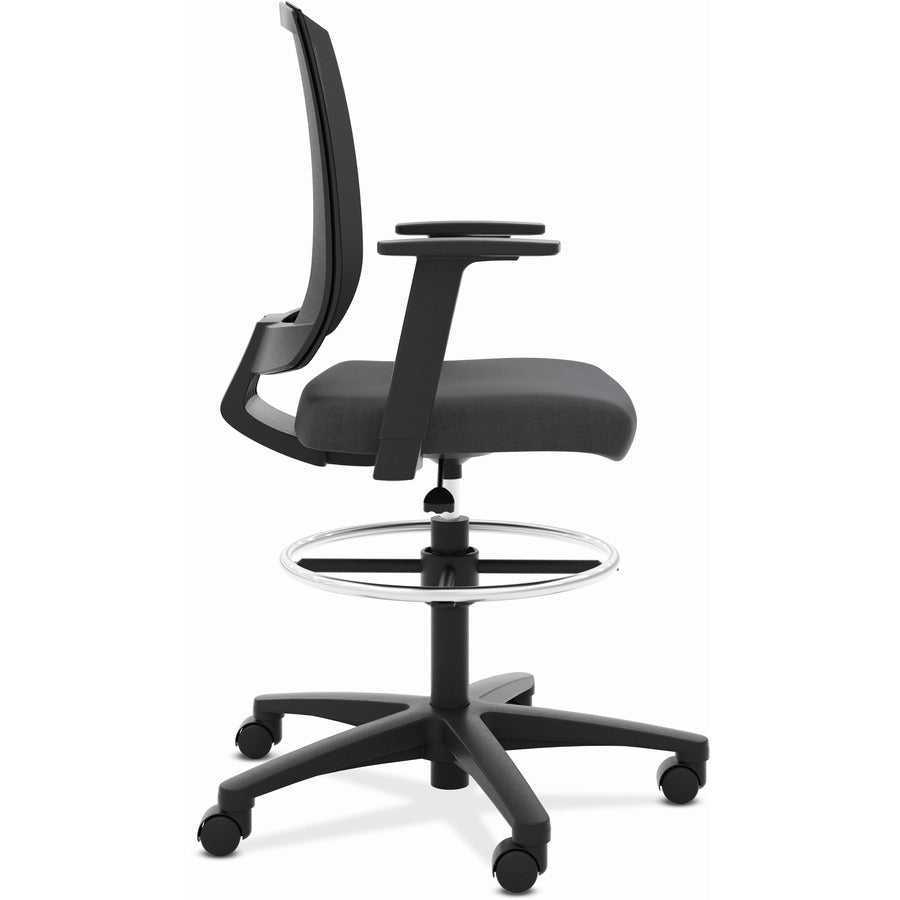 HON Torch Mesh Mid-Back Task Stool - Black Foam, Plush, Polyester Seat - Black Mesh Back - Black Frame - Mid Back - 5-star Base - Armrest - 1 Each