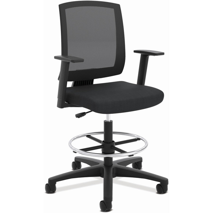 HON Torch Mesh Mid-Back Task Stool - Black Foam, Plush, Polyester Seat - Black Mesh Back - Black Frame - Mid Back - 5-star Base - Armrest - 1 Each