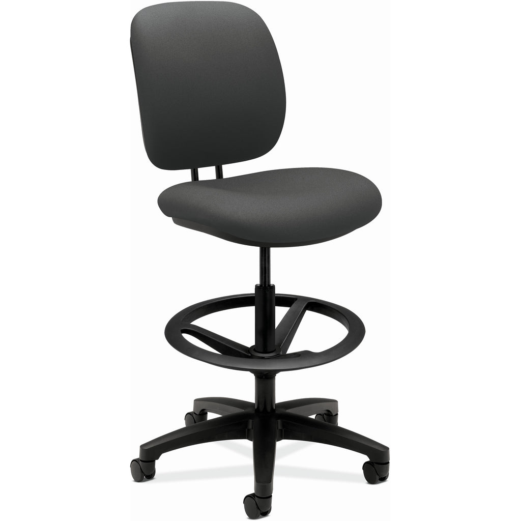 ComforTask Task Stool, Adjustable Footring, Supports Up to 300 lb, 22" to 32" Seat Height, Iron Ore Seat/Back, Black Base - 1