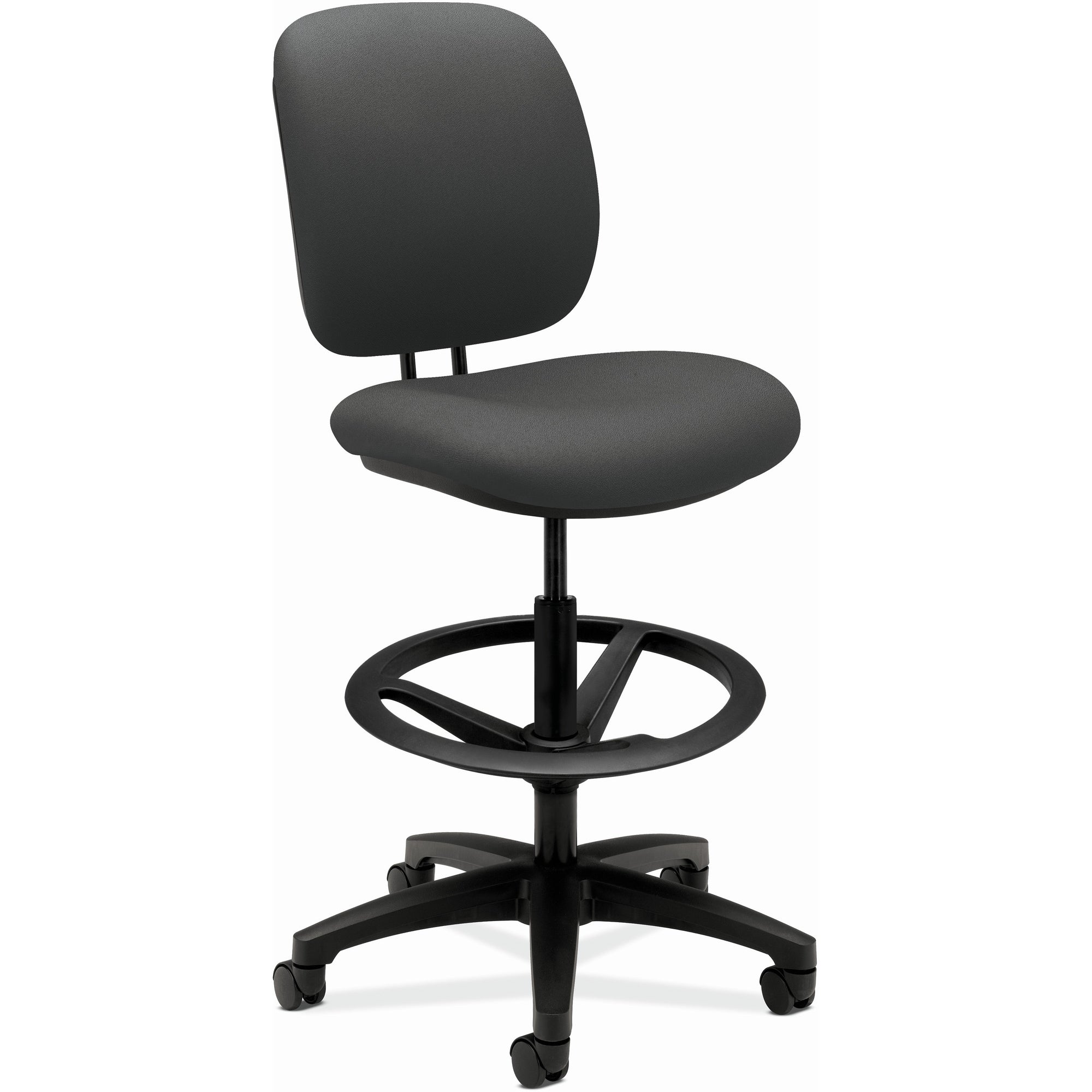 ComforTask Task Stool, Adjustable Footring, Supports Up to 300 lb, 22" to 32" Seat Height, Iron Ore Seat/Back, Black Base - 1