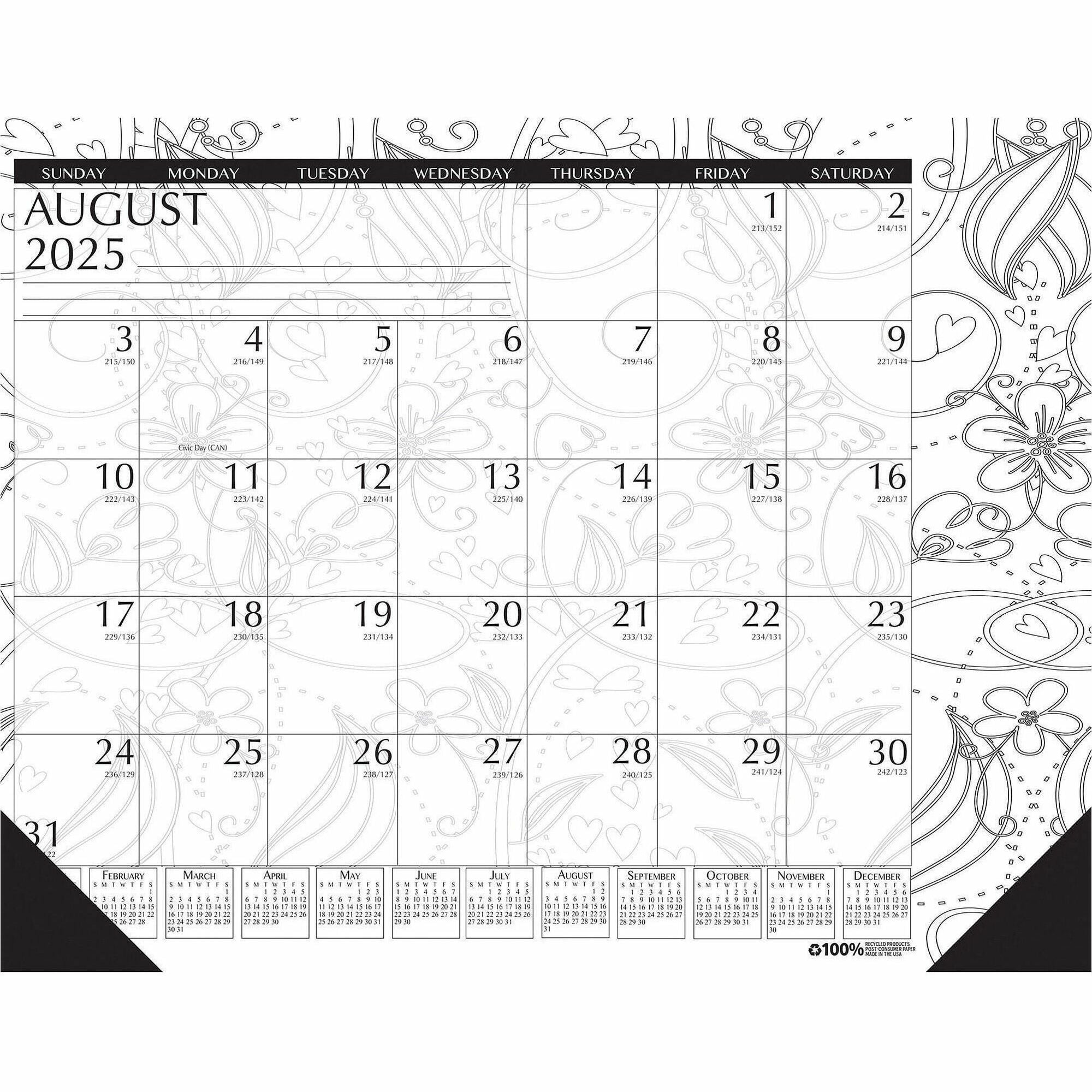House of Doolittle Academic Doodle Monthly Desk Pad Calendar - Academic - Julian Dates - Monthly - 12 Month - August 2023 - July 2024 - 1 Month Single Page Layout - 22" x 17" Sheet Size - 2.38" x 1.88" Block - Desk Pad - Black/White - Paper - 17" Hei